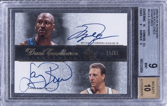 2002/03 SP Authentic "Dual Excellence" Signatures #MJ/LB-E Michael Jordan/Larry Bird Dual-Signed Card (#19/25) – BGS MINT 9/BGS 10